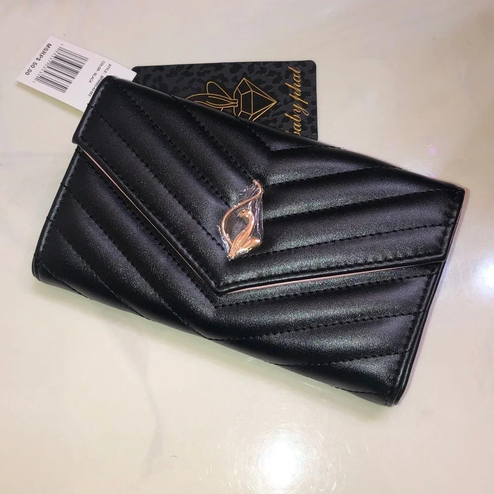 Baby Phat Black Faux Leather Quilted Chevron Flap Clutch Wallet Cat Logo NWT